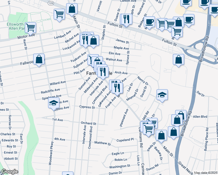 map of restaurants, bars, coffee shops, grocery stores, and more near 821 Main Street in Farmingdale