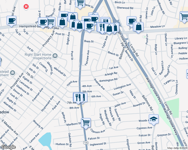 map of restaurants, bars, coffee shops, grocery stores, and more near 2550 1st Avenue in East Meadow