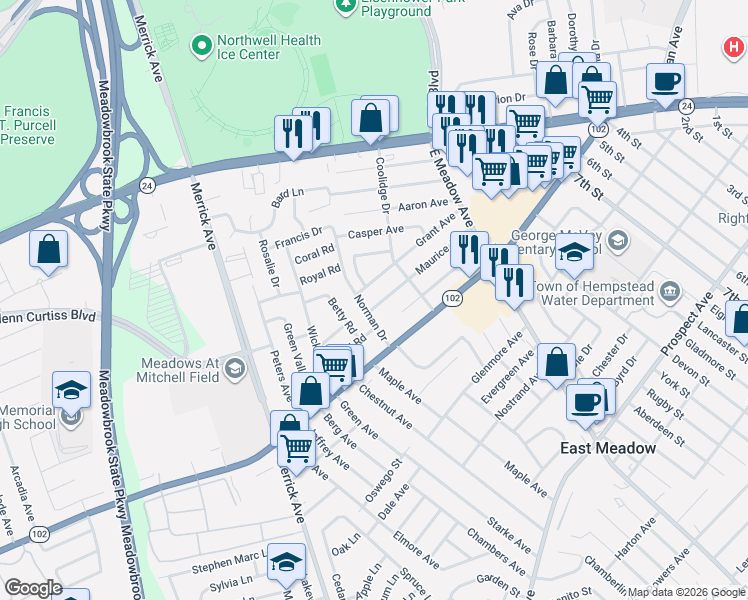 map of restaurants, bars, coffee shops, grocery stores, and more near 1759 Maurice Avenue in East Meadow