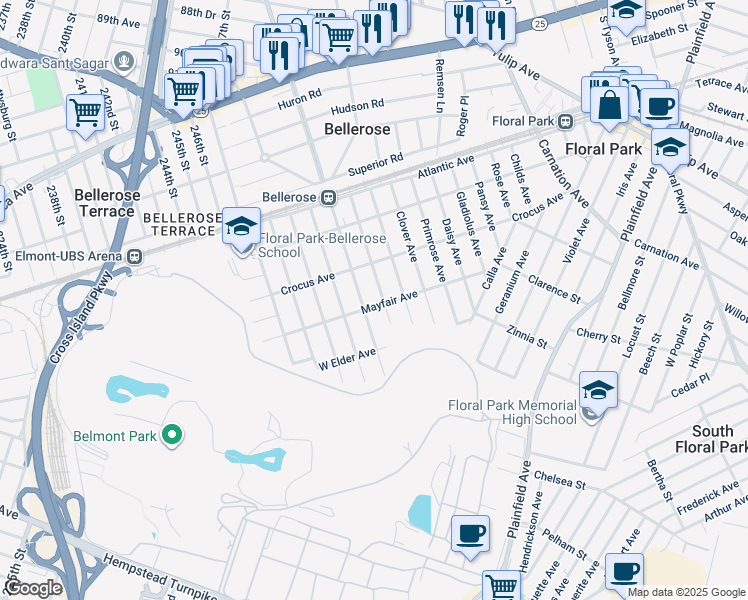 map of restaurants, bars, coffee shops, grocery stores, and more near 58 Elm Avenue in Floral Park