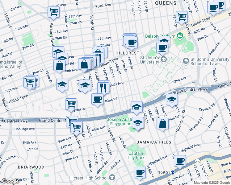 map of restaurants, bars, coffee shops, grocery stores, and more near 82-22 165th Street in Queens