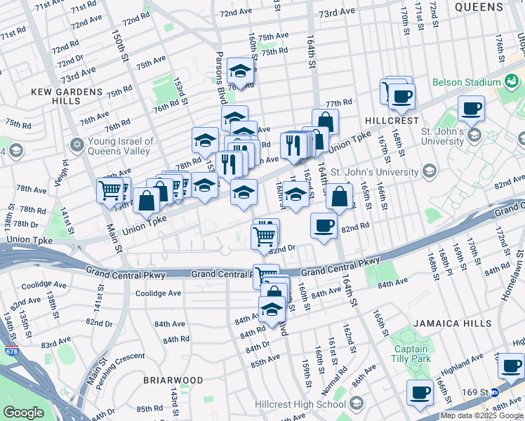 map of restaurants, bars, coffee shops, grocery stores, and more near 159-05 Goethals Avenue in Queens
