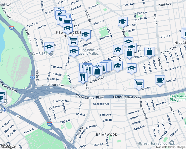 map of restaurants, bars, coffee shops, grocery stores, and more near 156-33 79th Avenue in Queens