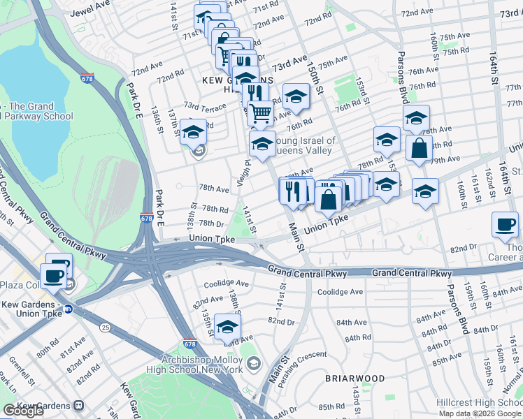 map of restaurants, bars, coffee shops, grocery stores, and more near 141-21 78th Road in Queens