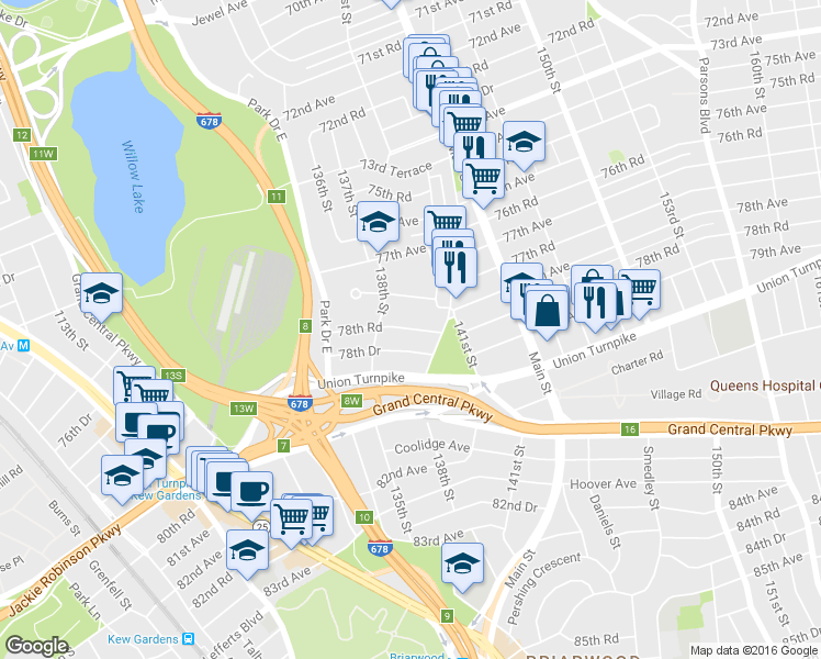 map of restaurants, bars, coffee shops, grocery stores, and more near 138-21 78th Road in Queens