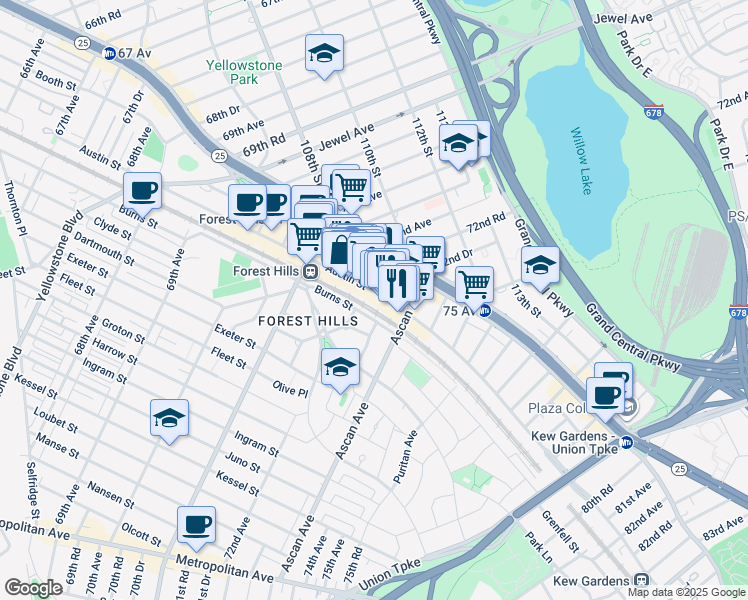 map of restaurants, bars, coffee shops, grocery stores, and more near 108-02 Austin Street in Queens