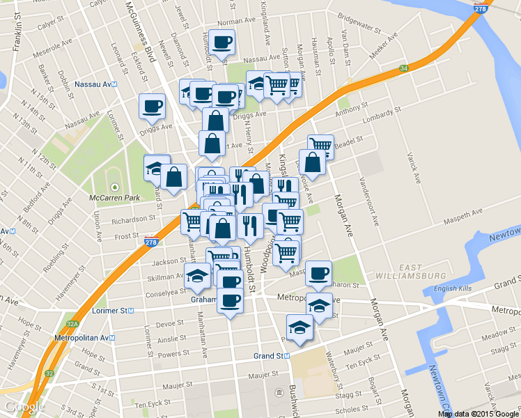map of restaurants, bars, coffee shops, grocery stores, and more near 216 Richardson Street in Brooklyn