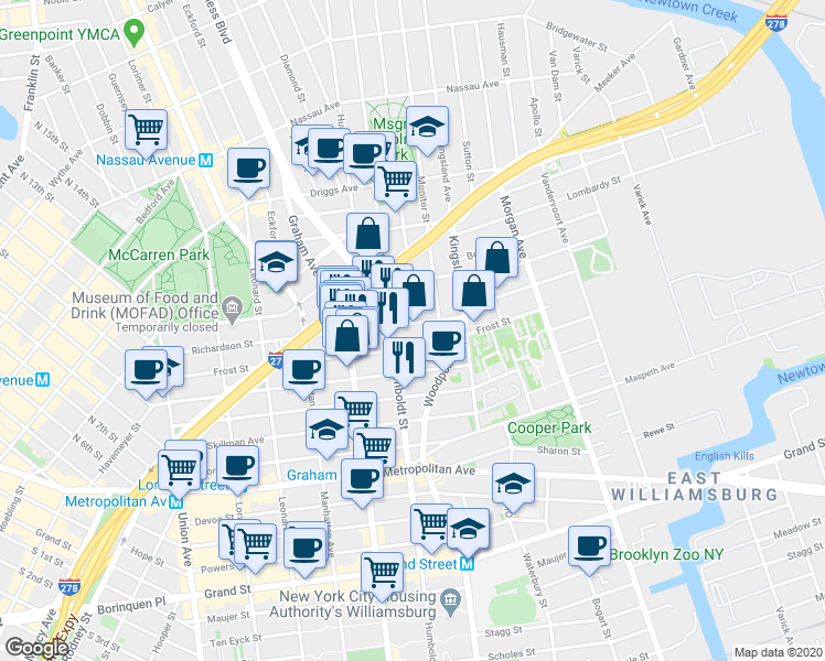 map of restaurants, bars, coffee shops, grocery stores, and more near 2 North Henry Street in Brooklyn
