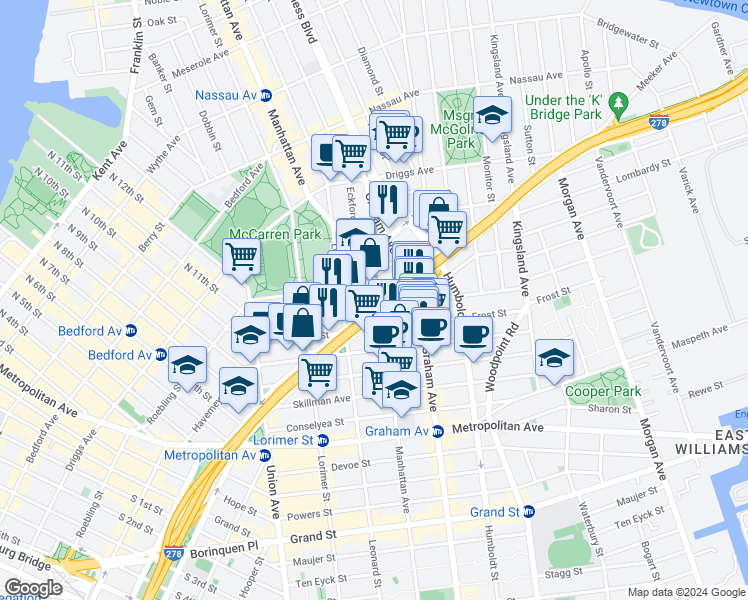 map of restaurants, bars, coffee shops, grocery stores, and more near 415 Manhattan Avenue in Brooklyn