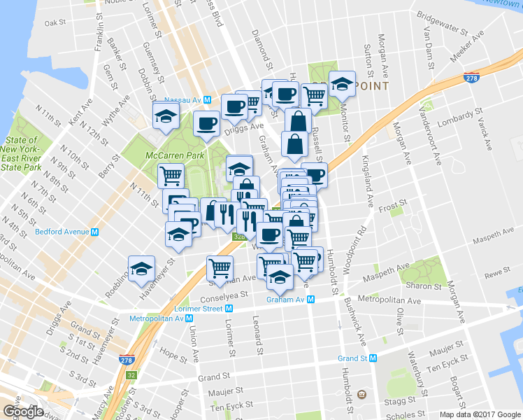 map of restaurants, bars, coffee shops, grocery stores, and more near 415 Manhattan Avenue in Brooklyn