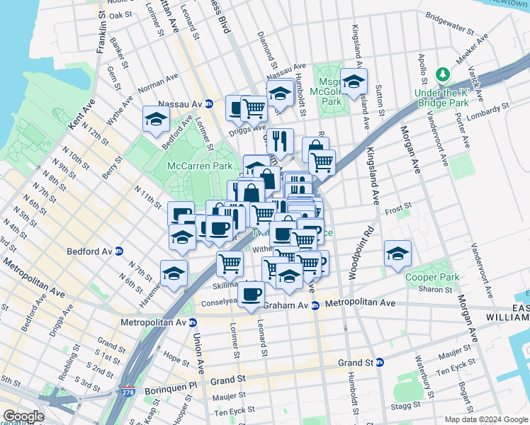 map of restaurants, bars, coffee shops, grocery stores, and more near 415 Manhattan Avenue in Brooklyn