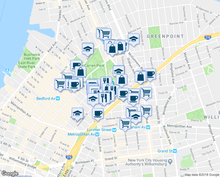 map of restaurants, bars, coffee shops, grocery stores, and more near 61 Bayard Street in Brooklyn