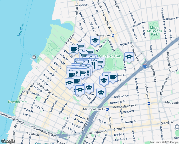 map of restaurants, bars, coffee shops, grocery stores, and more near 460 Driggs Avenue in Brooklyn
