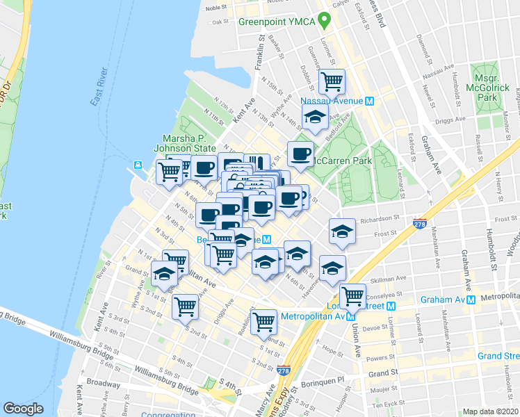 map of restaurants, bars, coffee shops, grocery stores, and more near 141 North 8th Street in Brooklyn