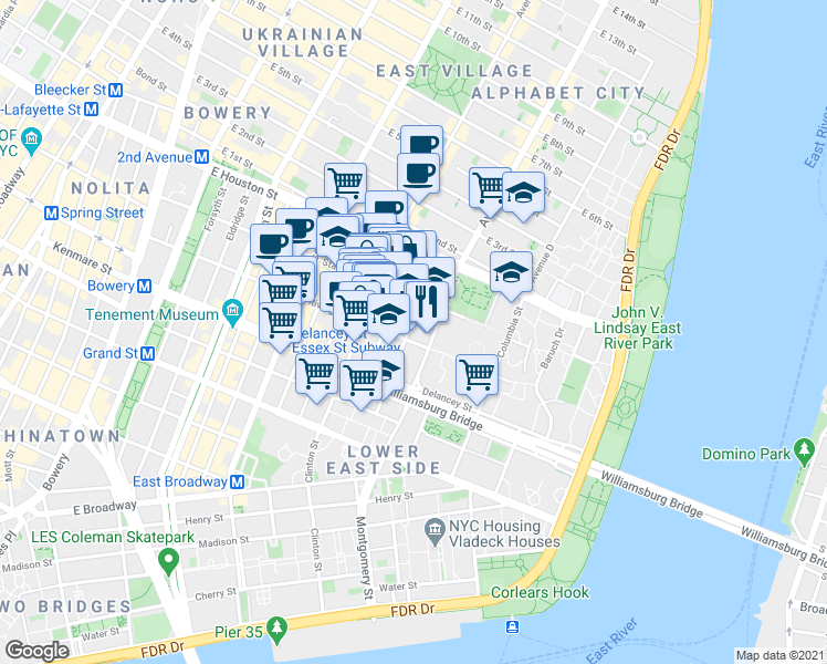 map of restaurants, bars, coffee shops, grocery stores, and more near in New York