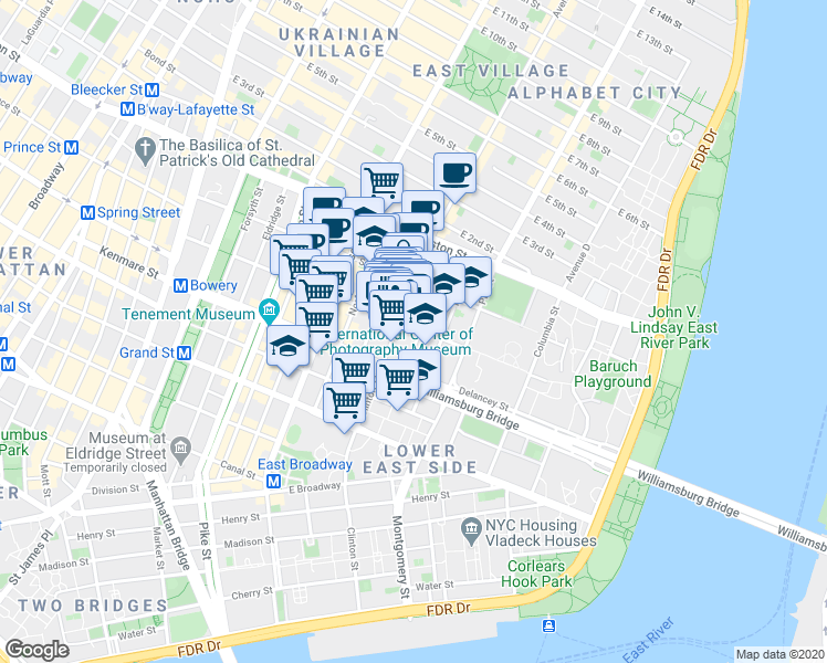 map of restaurants, bars, coffee shops, grocery stores, and more near 42 Clinton Street in New York