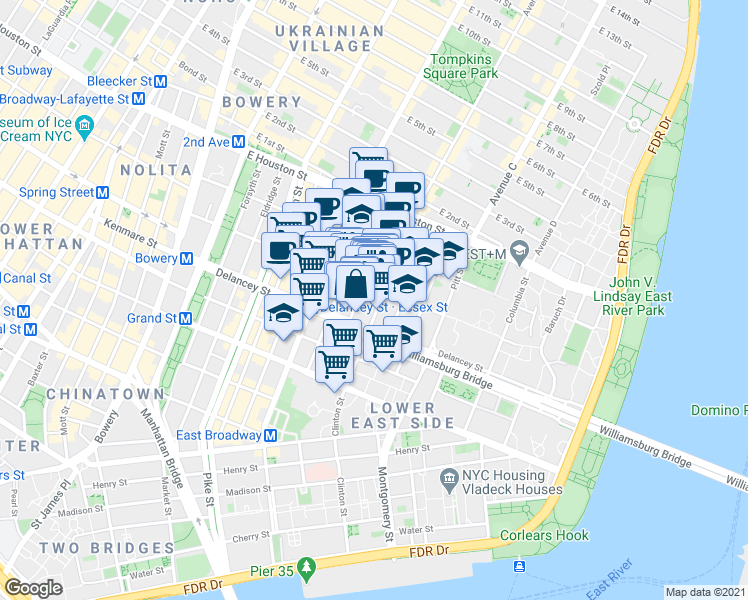 map of restaurants, bars, coffee shops, grocery stores, and more near 107 Suffolk Street in New York
