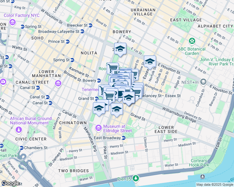map of restaurants, bars, coffee shops, grocery stores, and more near 117 Orchard Street in New York