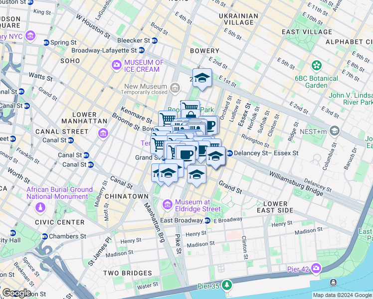 map of restaurants, bars, coffee shops, grocery stores, and more near 139 Eldridge Street in New York