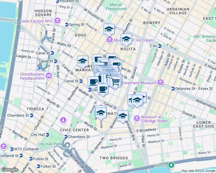 map of restaurants, bars, coffee shops, grocery stores, and more near 142 Mulberry Street in New York