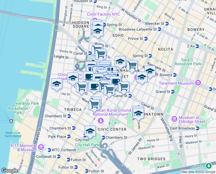 map of restaurants, bars, coffee shops, grocery stores, and more near 39 Walker Street in New York