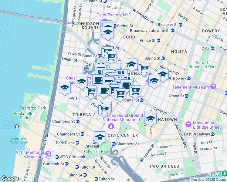 map of restaurants, bars, coffee shops, grocery stores, and more near 39 Walker Street in New York
