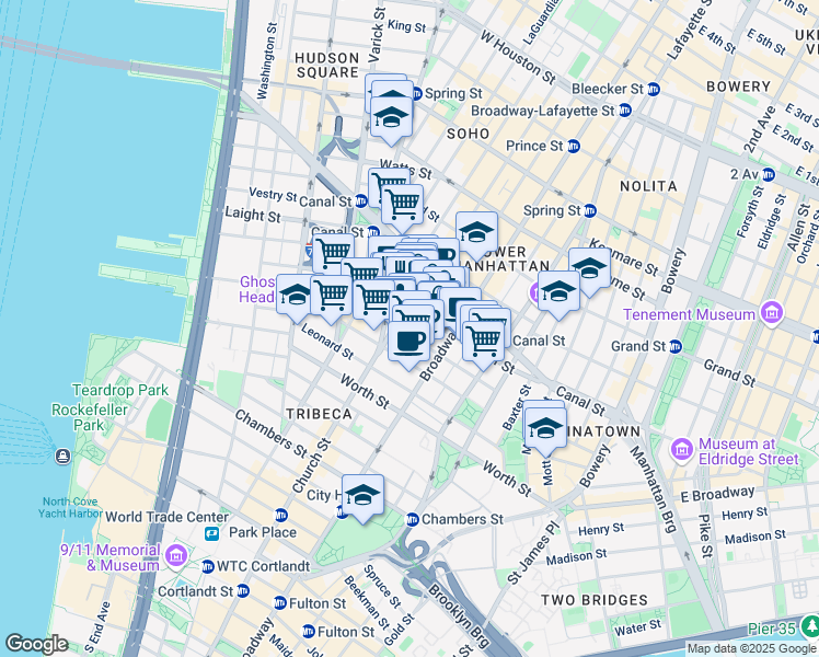 map of restaurants, bars, coffee shops, grocery stores, and more near 39 Walker Street in New York