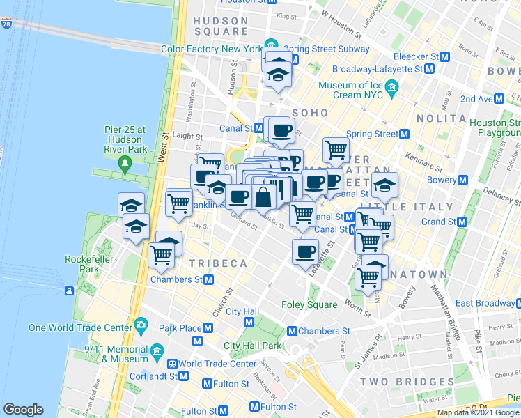 map of restaurants, bars, coffee shops, grocery stores, and more near 273 Church Street in New York