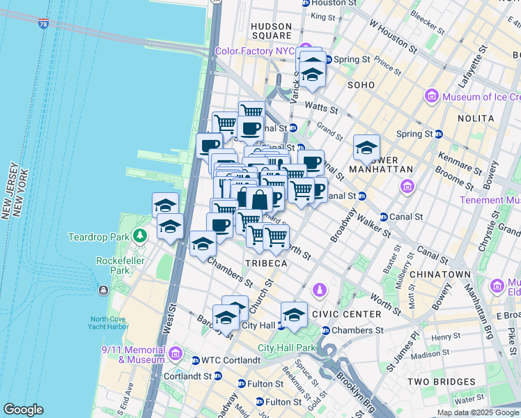 map of restaurants, bars, coffee shops, grocery stores, and more near 162 Franklin Street in New York