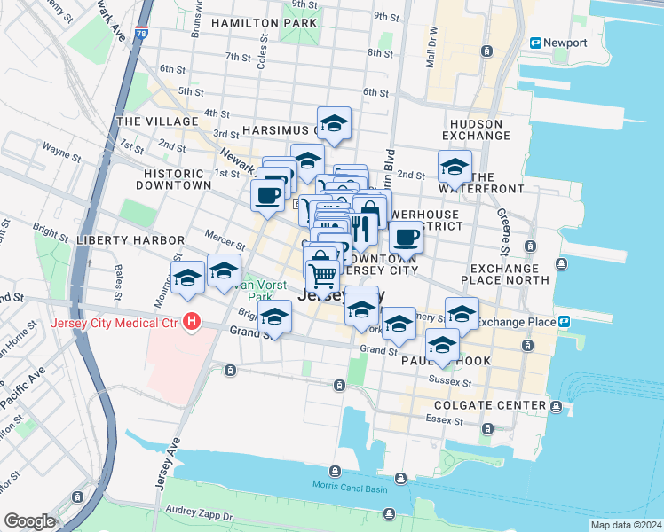 map of restaurants, bars, coffee shops, grocery stores, and more near in Jersey City