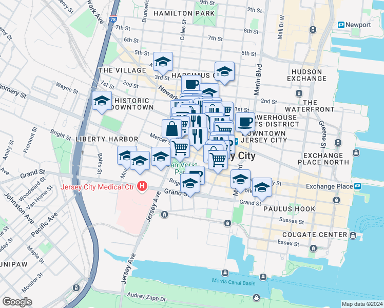 map of restaurants, bars, coffee shops, grocery stores, and more near 3 Paulmier Place in Jersey City