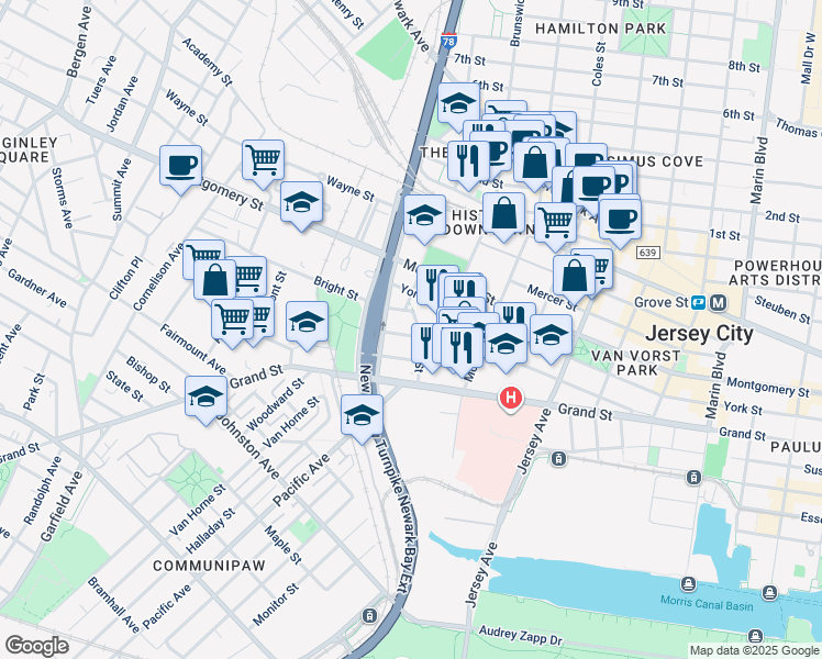 map of restaurants, bars, coffee shops, grocery stores, and more near 40 Center Street in Jersey City