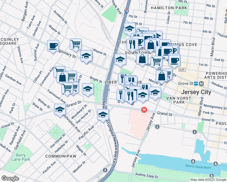map of restaurants, bars, coffee shops, grocery stores, and more near 40 Center Street in Jersey City
