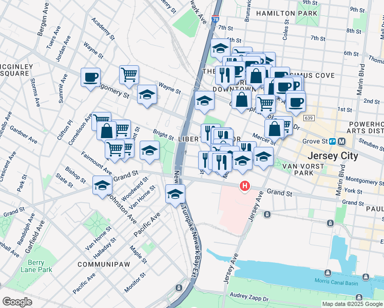 map of restaurants, bars, coffee shops, grocery stores, and more near 40 Center Street in Jersey City