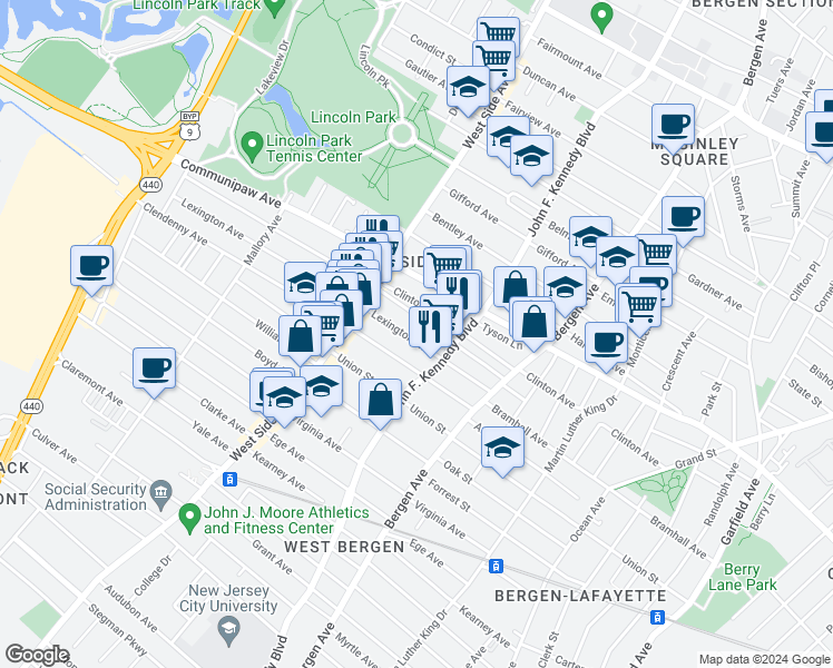 map of restaurants, bars, coffee shops, grocery stores, and more near 90 Lexington Avenue in Jersey City