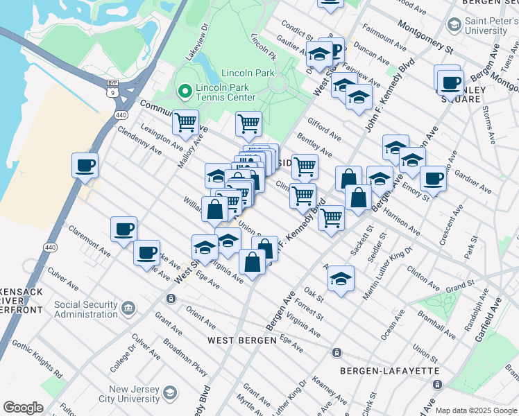 map of restaurants, bars, coffee shops, grocery stores, and more near 115 Lexington Avenue in Jersey City