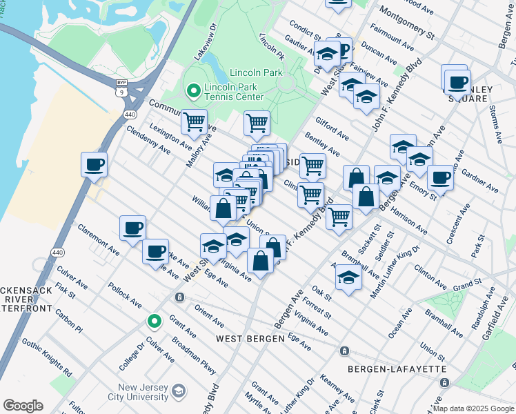 map of restaurants, bars, coffee shops, grocery stores, and more near 115 Lexington Avenue in Jersey City