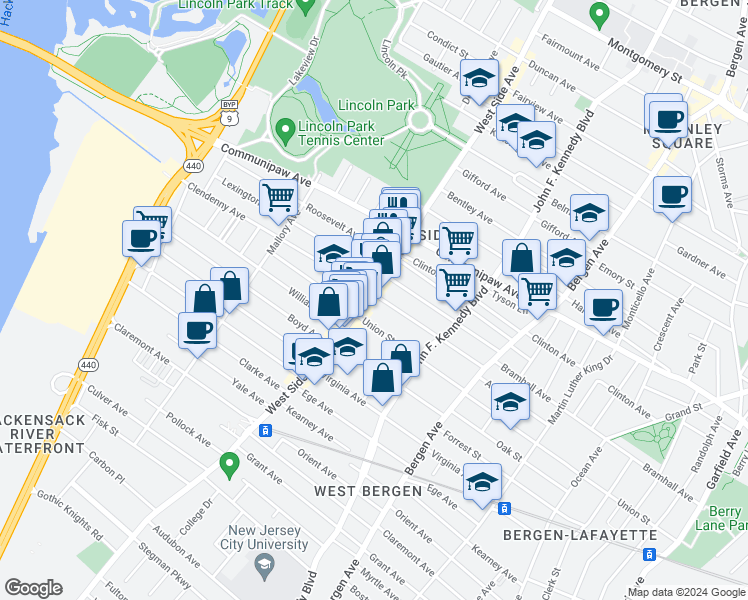 map of restaurants, bars, coffee shops, grocery stores, and more near 525 West Side Avenue in Jersey City