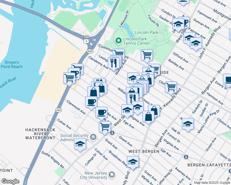 map of restaurants, bars, coffee shops, grocery stores, and more near 59 Williams Avenue in Jersey City