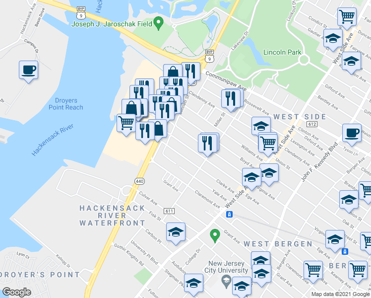 map of restaurants, bars, coffee shops, grocery stores, and more near 378 Ege Avenue in Jersey City