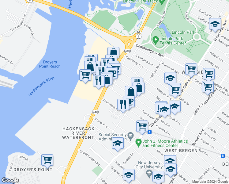 map of restaurants, bars, coffee shops, grocery stores, and more near 16 Bennett Street in Jersey City
