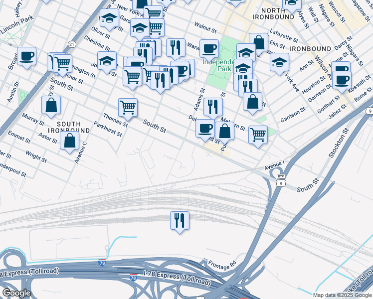 map of restaurants, bars, coffee shops, grocery stores, and more near 369 Thomas Street in Newark