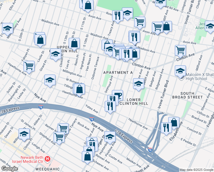 map of restaurants, bars, coffee shops, grocery stores, and more near 185 Seymour Avenue in Newark