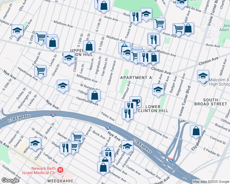 map of restaurants, bars, coffee shops, grocery stores, and more near 93 Hedden Terrace in Newark