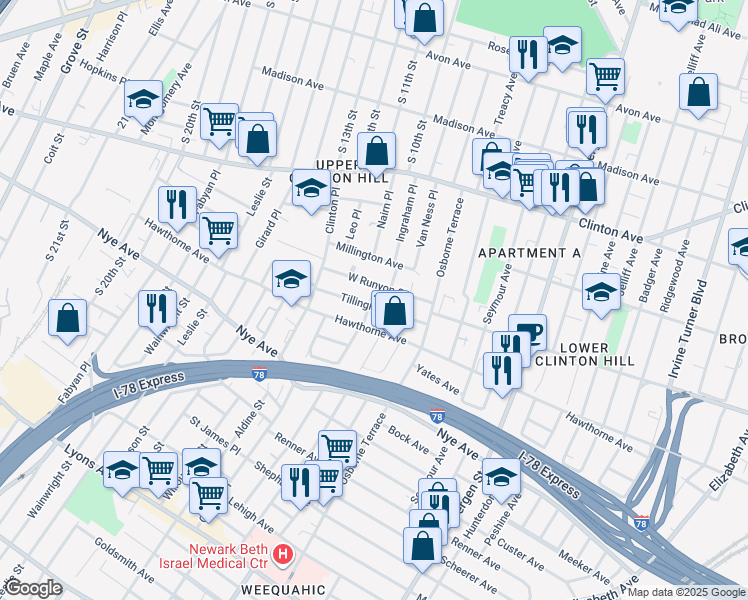 map of restaurants, bars, coffee shops, grocery stores, and more near 274 West Runyon Street in Newark