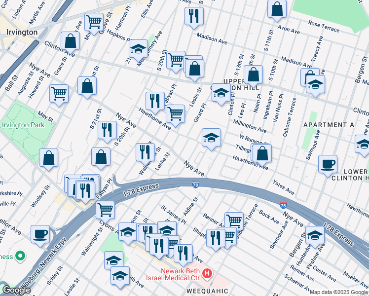 map of restaurants, bars, coffee shops, grocery stores, and more near 10 Hobson Street in Newark