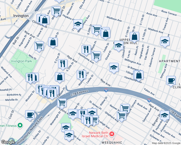map of restaurants, bars, coffee shops, grocery stores, and more near 244 Nye Avenue in Newark