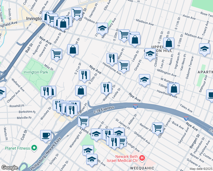 map of restaurants, bars, coffee shops, grocery stores, and more near 138 Fabyan Place in Newark