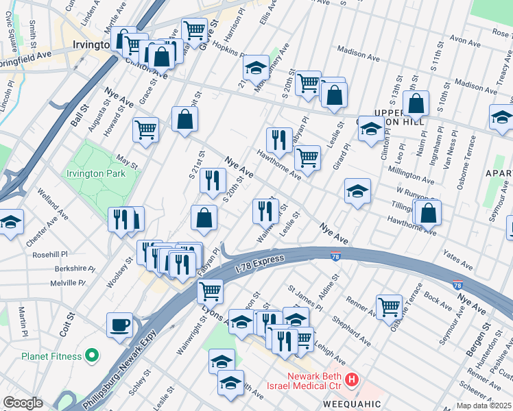 map of restaurants, bars, coffee shops, grocery stores, and more near 138 Fabyan Place in Newark