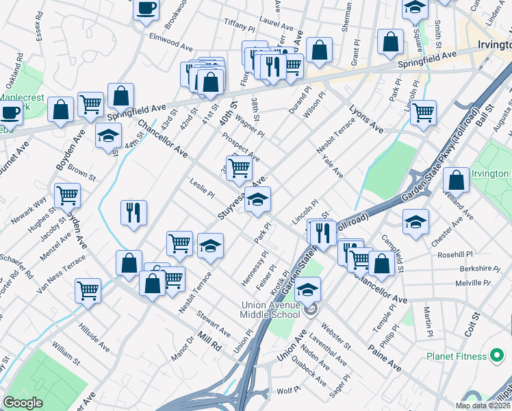 map of restaurants, bars, coffee shops, grocery stores, and more near 873 Chancellor Avenue in Irvington